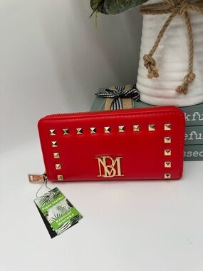 Badgley Mischka Red Vegan Leather Studded Zip Around Wallet